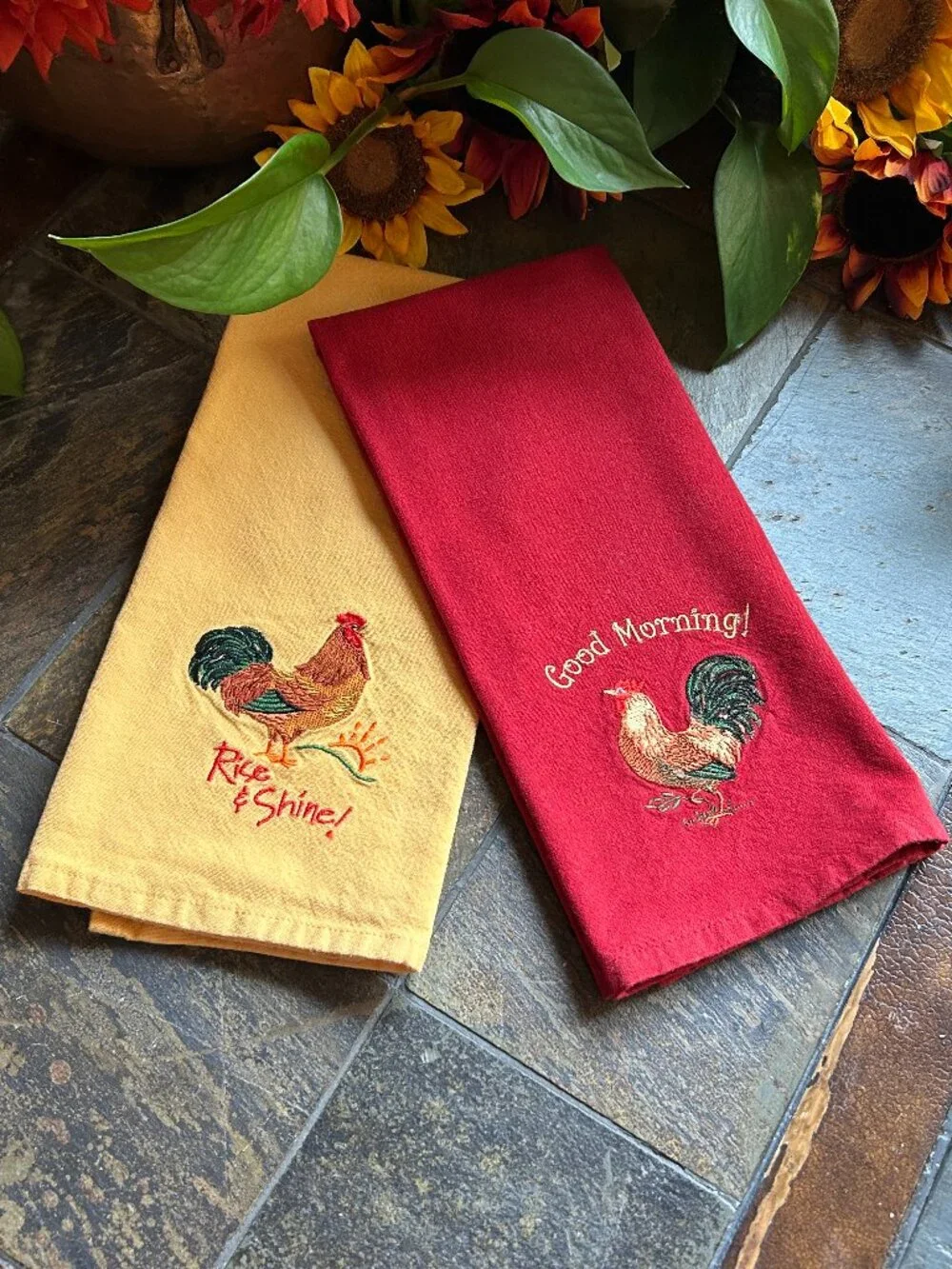 Embroidered Rooster Kitchen Tea Towels – Set of 2